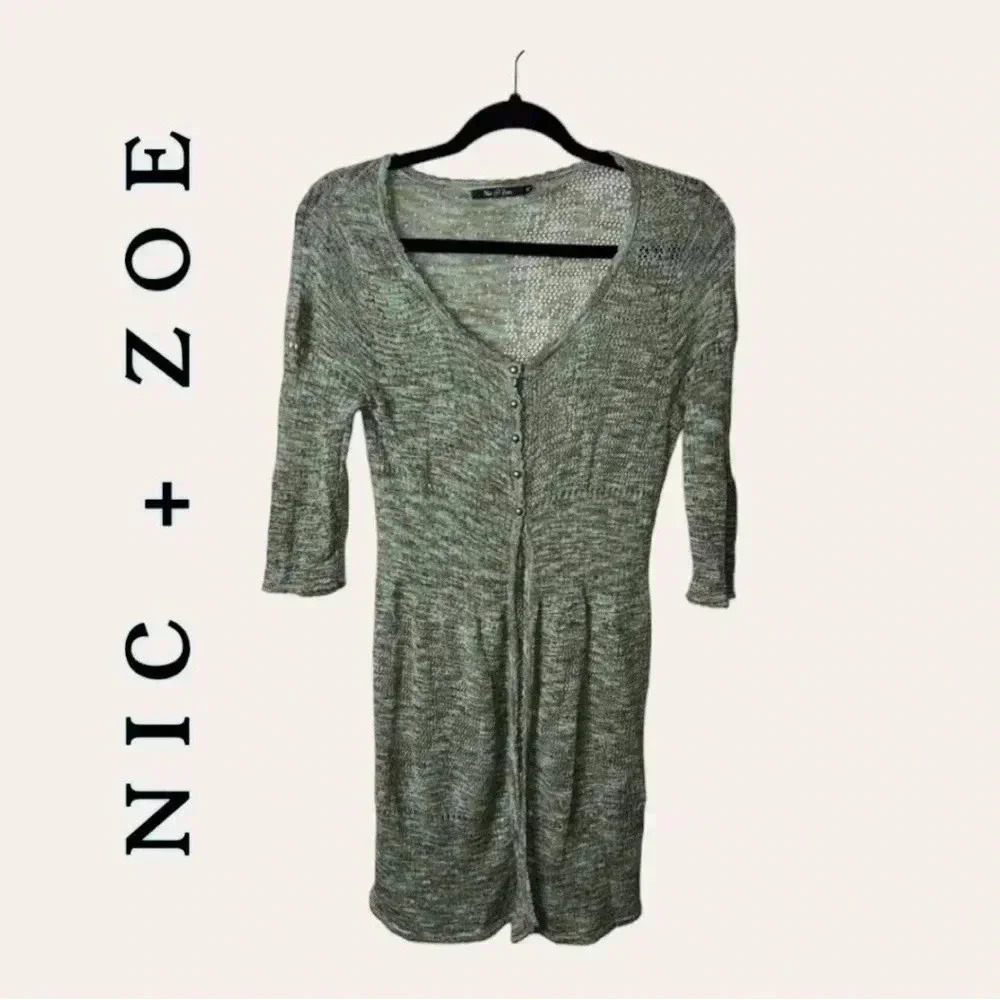 0028W. NIC+ ZOE KNITTED LONG CARDIGAN BUTTONS GREENS AND BLUES FOR THE COLOR